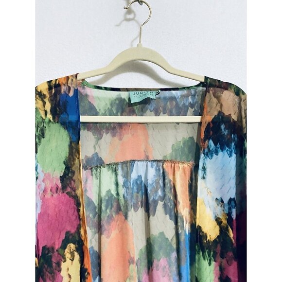 Judith March Womens Medium Kimono Top Fringe Trim Watercolor Print Sheer Boho - Picture 4 of 8